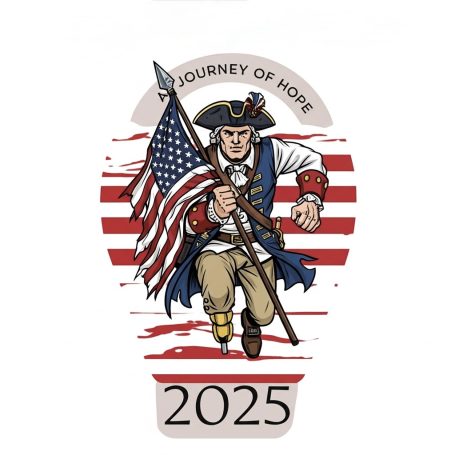 Patriotic figure running with an American flag, labeled "Journey of Hope 2025."
